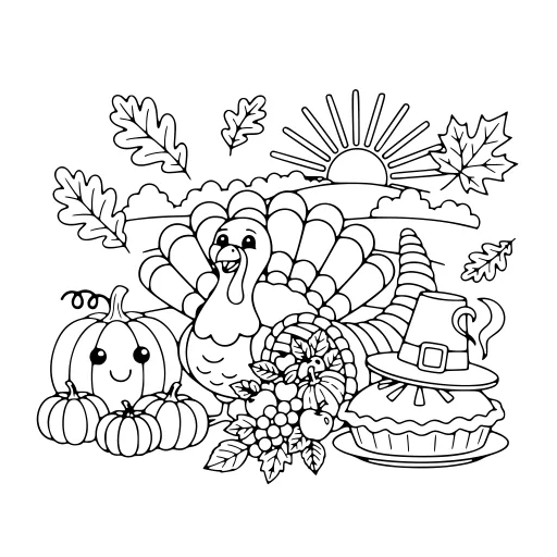 Sweet Thanksgiving coloring page. A sweet thanksgiving holiday picture with lots of fine detail to fill at your own pace.