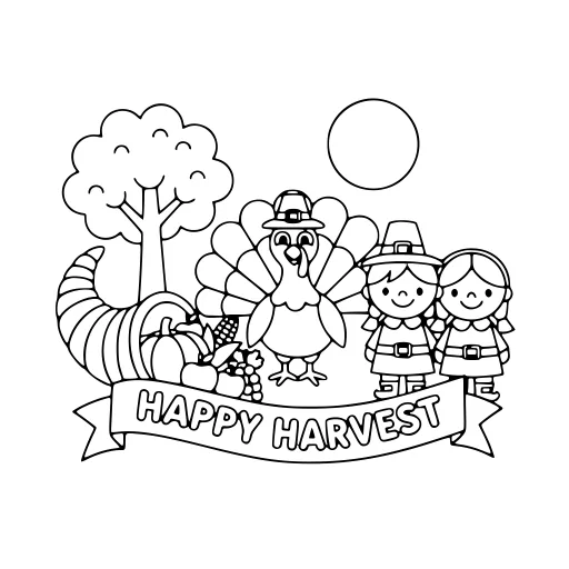 Cozy Thanksgiving coloring page. A cozy thanksgiving holiday picture with a friendly mix of large and small areas.