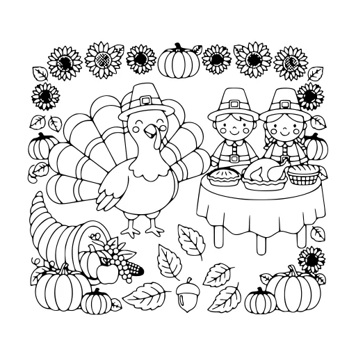 Cheerful Thanksgiving coloring page. A cheerful thanksgiving holiday picture with very fine detail for patient, relaxed coloring.