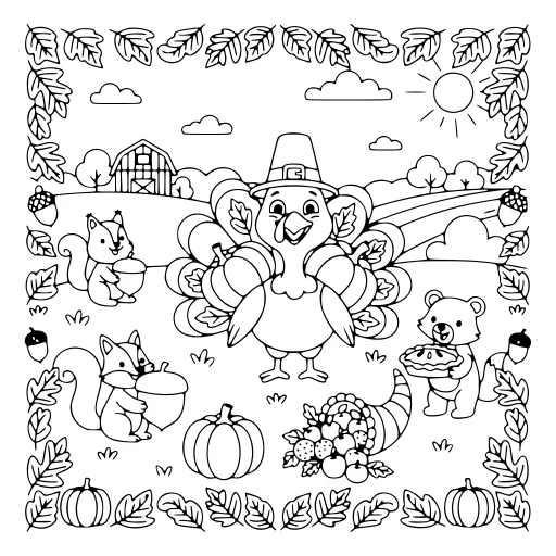 Cheerful Thanksgiving Scene coloring page. A cheerful thanksgiving scene with lots of fine detail to fill at your own pace.