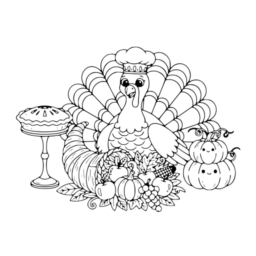 Playful Thanksgiving Scene coloring page. A playful thanksgiving scene with lots of fine detail to fill at your own pace.