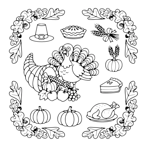 Cozy Thanksgiving Scene coloring page. A cozy thanksgiving scene with very fine detail for patient, relaxed coloring.