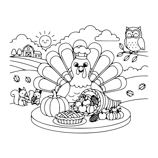 Bright Thanksgiving Scene coloring page. A bright thanksgiving scene with lots of fine detail to fill at your own pace.