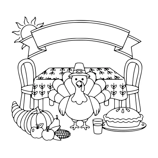 Little Thanksgiving Scene coloring page. A little thanksgiving scene with lots of fine detail to fill at your own pace.