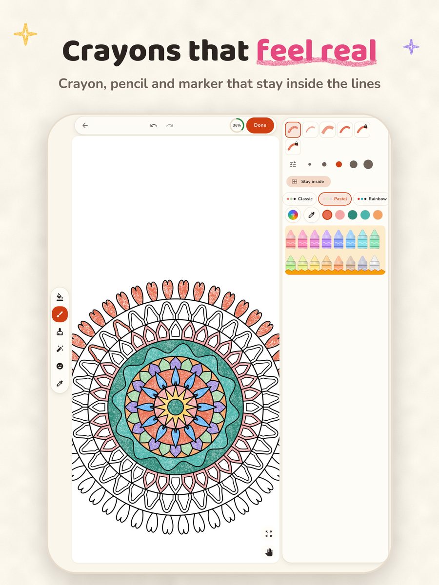 Crayon on iPad: a two-pane layout with the palette at the side
