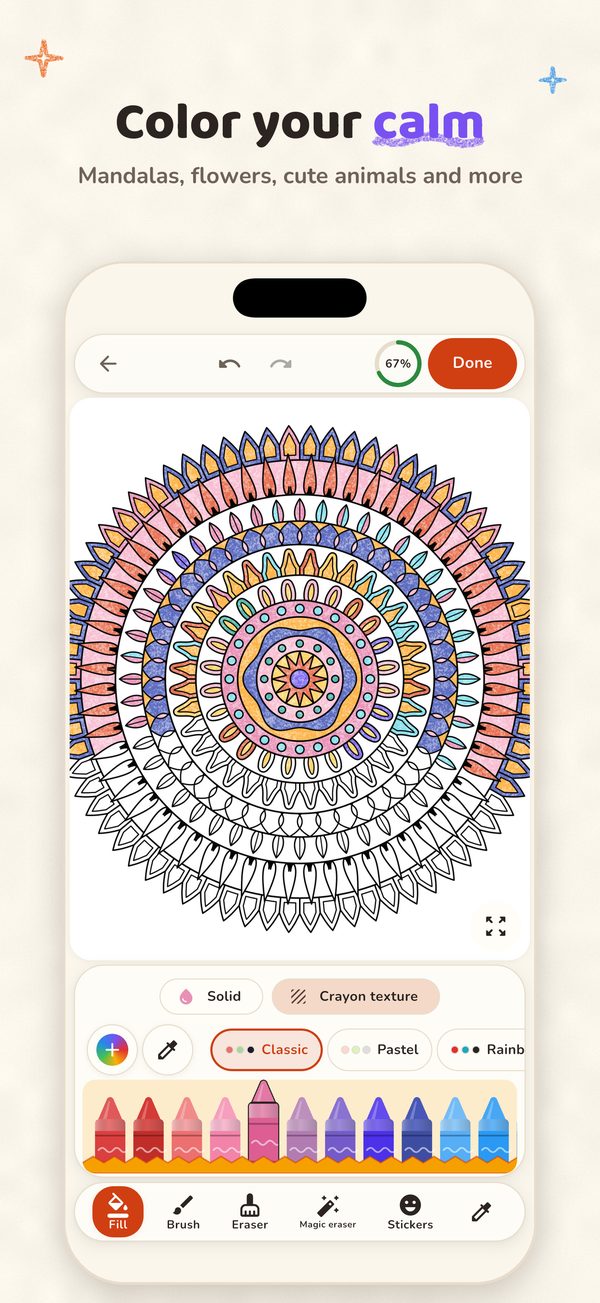 Crayon on iPhone: a mandala half colored with crayon texture, with the crayon box at the bottom