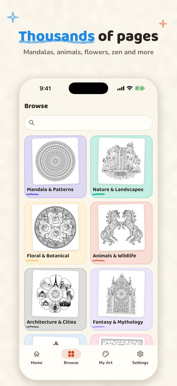 Browsing categories of coloring pages on iPhone