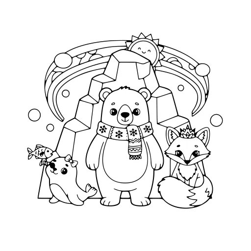 Sunny Arctic Animal Scene coloring page. A sunny arctic animal scene with lots of fine detail to fill at your own pace.