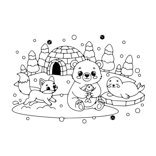 Fun Arctic Animal Scene coloring page. A fun arctic animal scene with a friendly mix of large and small areas.
