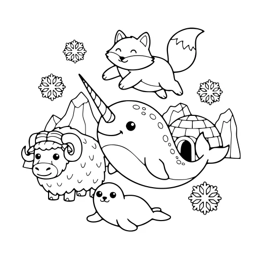 Smiley Arctic Animal Scene coloring page. A smiley arctic animal scene with a friendly mix of large and small areas.