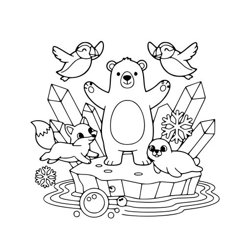 Friendly Arctic Animal Day coloring page. A friendly arctic animal day with a friendly mix of large and small areas.