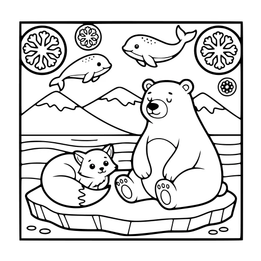 Playful Arctic Animal Day coloring page. A playful arctic animal day with a friendly mix of large and small areas.
