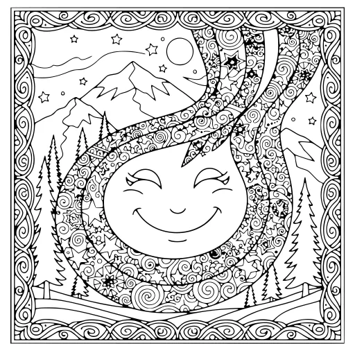 Wild Northern Lights coloring page. A wild northern lights landscape with a friendly mix of large and small areas.