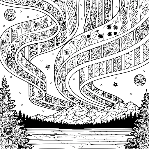 Peaceful Northern Lights Scene coloring page. A peaceful northern lights scene with lots of fine detail to fill at your own pace.