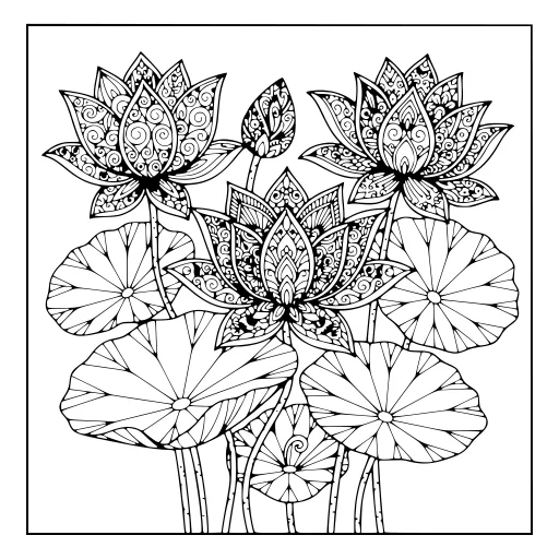 Romantic Lotus Flower Design coloring page. A romantic lotus flower design with lots of fine detail to fill at your own pace.