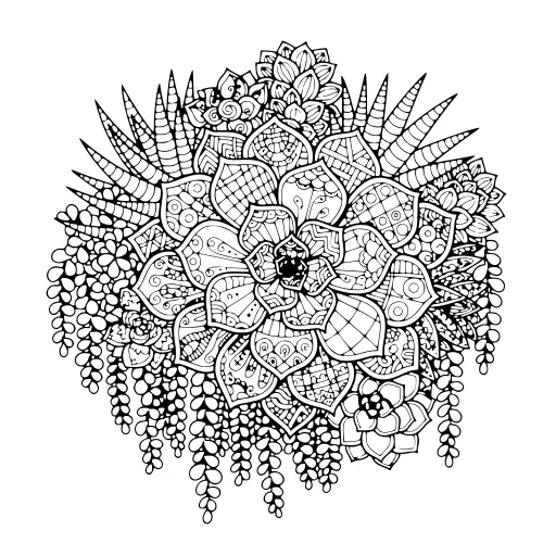 Classic Succulent Study coloring page. A classic succulent study with lots of fine detail to fill at your own pace.