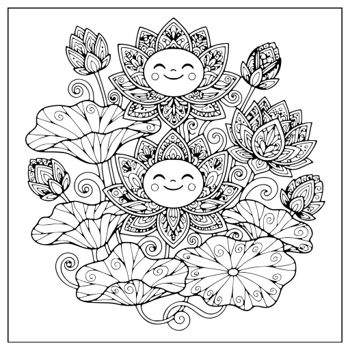 Lush Lotus Flowers coloring page. A lush lotus flowers botanical design with a friendly mix of large and small areas.