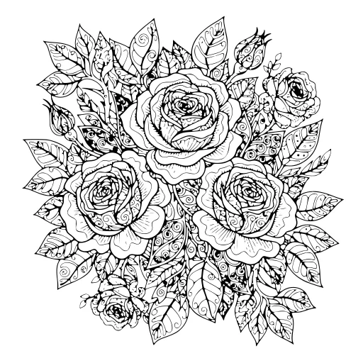 Lush Roses coloring page. A lush roses botanical design with a friendly mix of large and small areas.