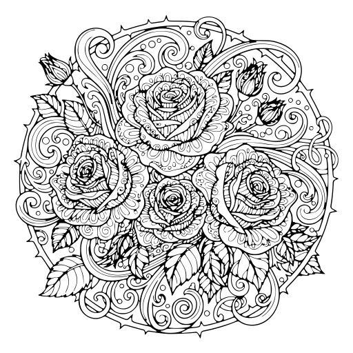 Summer Rose Bouquet coloring page. A summer rose bouquet with lots of fine detail to fill at your own pace.
