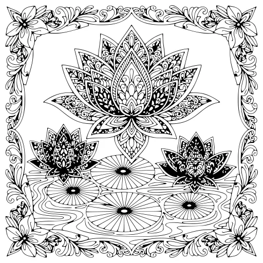 Lush Lotus Flower Design coloring page. A lush lotus flower design with lots of fine detail to fill at your own pace.