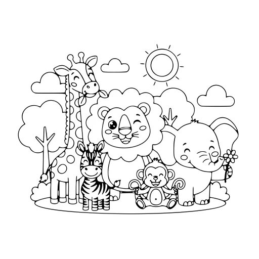 Busy Wild Animal Scene coloring page. A busy wild animal scene with a friendly mix of large and small areas.