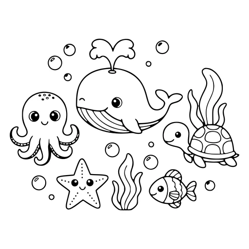 Playful Sea Creatures coloring page. A playful sea creatures picture with a friendly mix of large and small areas.
