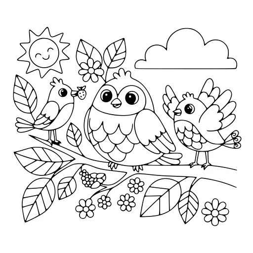 Sunny Birds coloring page. A sunny birds picture with lots of fine detail to fill at your own pace.