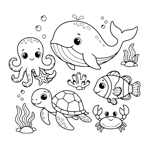 Bright Sea Creatures coloring page. A bright sea creatures picture with lots of fine detail to fill at your own pace.