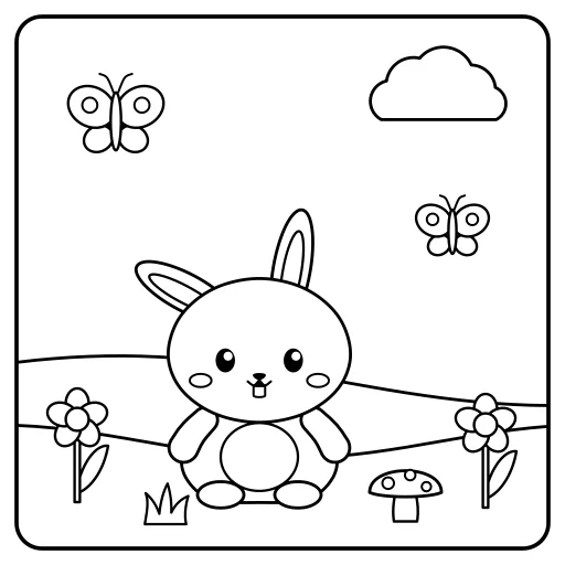 Bunny in the Garden: a cute, easy coloring page with big shapes and bold lines.