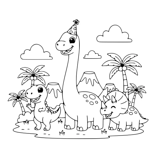Fun Dinosaurs coloring page. A fun dinosaurs picture with a friendly mix of large and small areas.