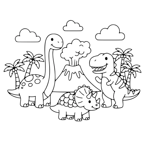 Adorable Dinosaurs coloring page. An adorable dinosaurs picture with a friendly mix of large and small areas.