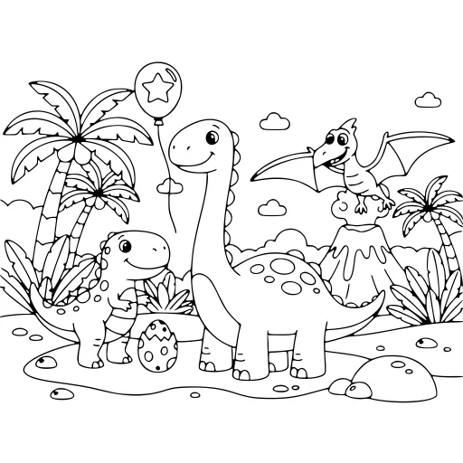 Jolly Dinosaurs coloring page. A jolly dinosaurs picture with lots of fine detail to fill at your own pace.