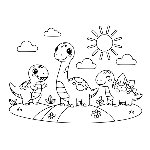 Sweet Dinosaur Scene coloring page. A sweet dinosaur scene with a friendly mix of large and small areas.