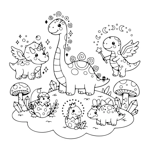 Bright Dinosaur Scene coloring page. A bright dinosaur scene with very fine detail for patient, relaxed coloring.