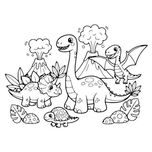 Playful Dinosaur Scene coloring page. A playful dinosaur scene with lots of fine detail to fill at your own pace.