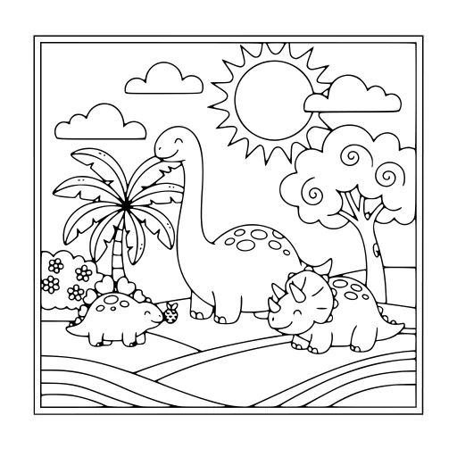 Busy Dinosaur Day coloring page. A busy dinosaur day with a friendly mix of large and small areas.