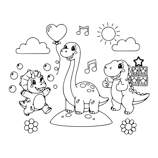 Busy Dinosaur Time coloring page. A busy dinosaur time with a friendly mix of large and small areas.