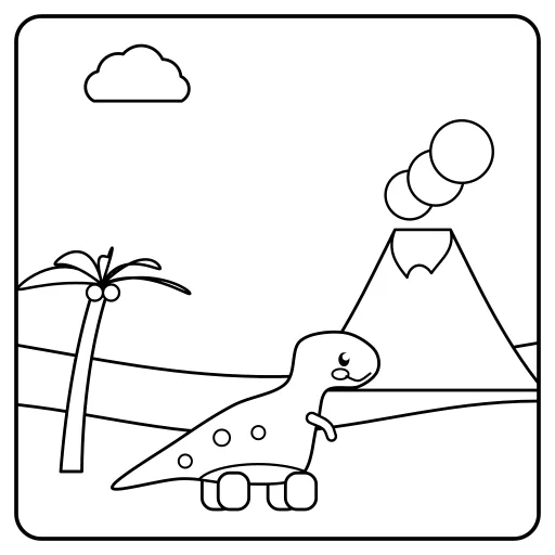 T-Rex and Volcano: a cute, easy coloring page with big shapes and bold lines.