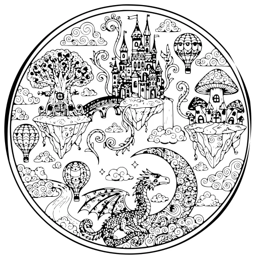 Ancient Fantasy World coloring page. An ancient fantasy world fantasy scene with very fine detail for patient, relaxed coloring.