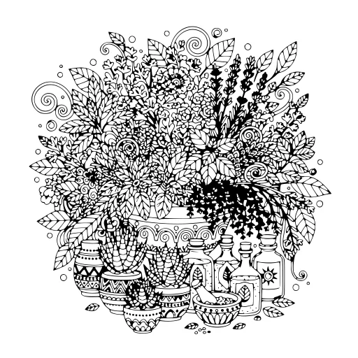 Blooming Herbs & Plants coloring page. A blooming herbs & plants botanical design with very fine detail for patient, relaxed coloring.