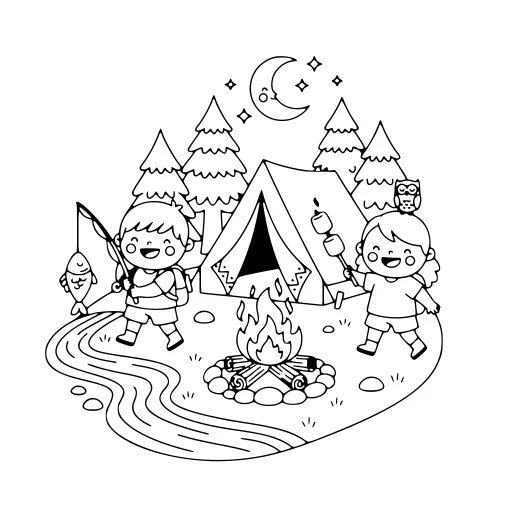 Bright Camping Time coloring page. A bright camping time with a friendly mix of large and small areas.