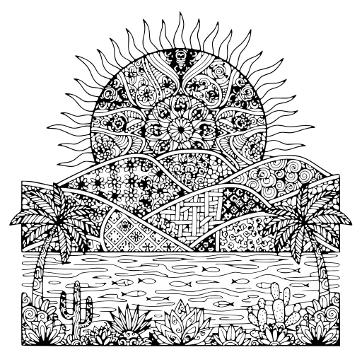 Calm Sunset Views coloring page. A calm sunset views landscape with very fine detail for patient, relaxed coloring.