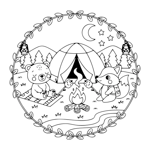 Cheerful Camping Day coloring page. A cheerful camping day with lots of fine detail to fill at your own pace.
