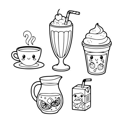 Cheerful Drinks coloring page. A cheerful drinks picture with a friendly mix of large and small areas.