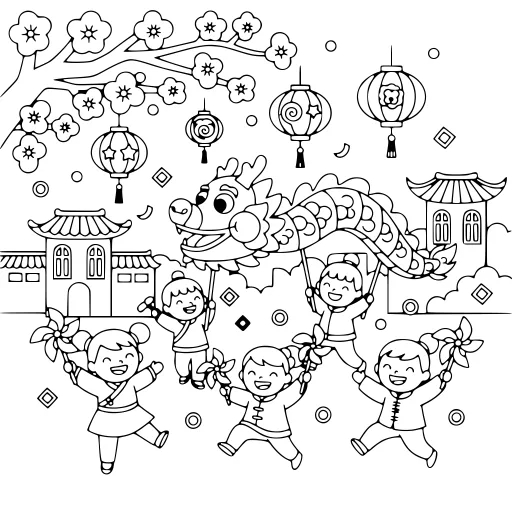 Cheerful Spring Festival Party coloring page. A cheerful spring festival party with very fine detail for patient, relaxed coloring.