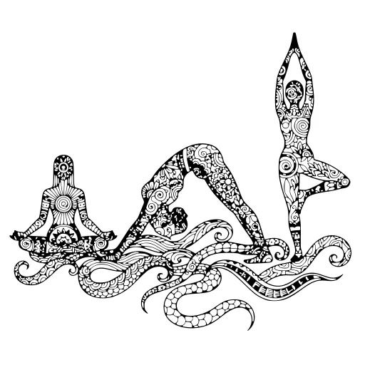 Classic Yoga Pose Moment coloring page. A classic yoga pose moment with very fine detail for patient, relaxed coloring.