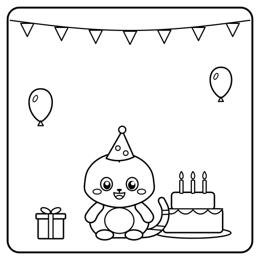 Birthday Kitty: a cute, easy coloring page with big shapes and bold lines.