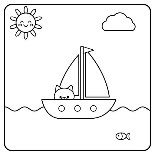 Fox in a Sailboat: a cute, easy coloring page with big shapes and bold lines.