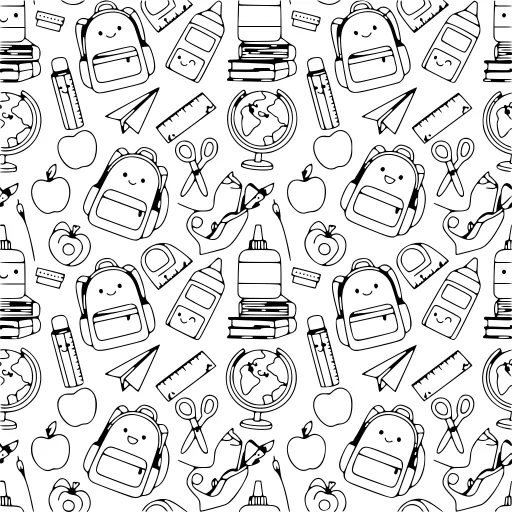 Cute School Supplies coloring page. A cute school supplies learning page with very fine detail for patient, relaxed coloring.