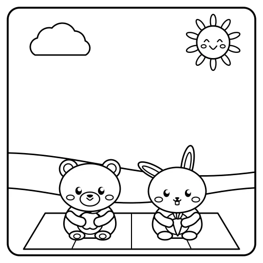 Teddy and Bunny Picnic: a cute, easy coloring page with big shapes and bold lines.